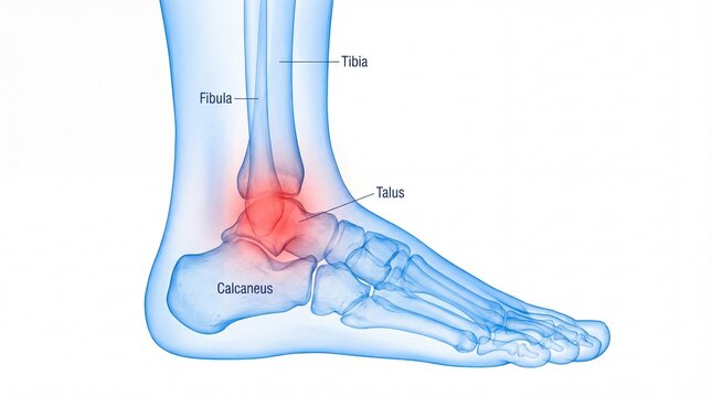 Ankle anatomy with highlighted pain area showing tibia, fibula, talus and calcaneus bones