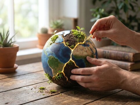 Hands meticulously repair a fractured Earth globe with golden lines, symbolizing profound environmental healing, global restoration, and the crucial journey towards a sustainable future