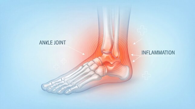 Ankle joint inflammation illustration showing ankle bone and foot with red highlighted area indicating pain or swelling in the ankle joint and surrounding tissue clearly