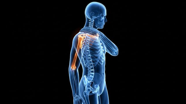 Human skeleton with highlighted humerus bone and transparent body