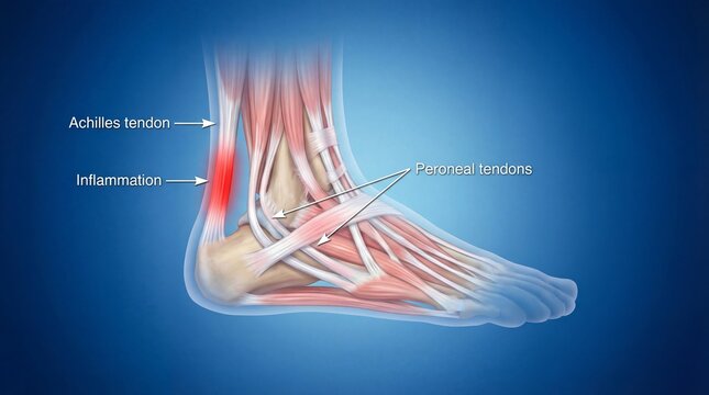 Human ankle anatomy with highlighted Achilles tendon and inflammation