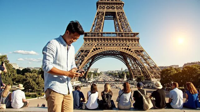 Young man taking a photograph of the Eiffel Tower with a smartphone at Trocadero in Paris, France, while a group of tourists sit on a ledge during a bright sunny day in summer.