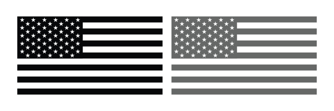 Set of American flag outlines in black vector illustration. Minimal line art style featuring stars and stripes, perfect for icons, logos, infographics, and patriotic design projects.