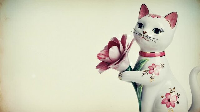 Ceramic cat figurine holding a pink flower. Decorative porcelain kitten ornament with floral patterns for spring home decor and March holiday gift inspiration.