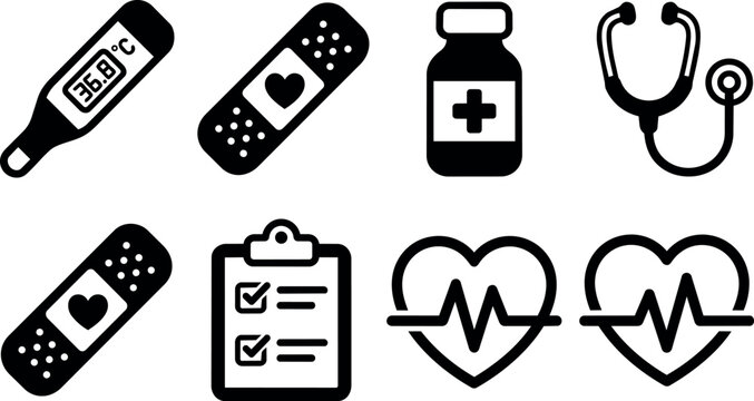 Black and white medical icons thermometer stethoscope bandage checklist heart rate pulse