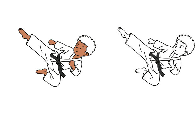 Cute boy performing martial arts flying kick in white gi and black belt, colored and line art outline versions for coloring book.