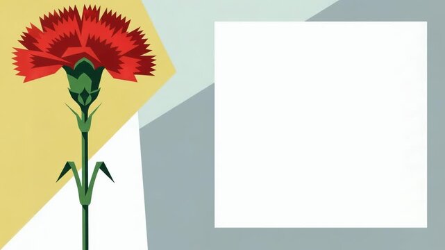Red carnation flower illustration with white copy space for holiday greeting. Minimalist spring design element for march celebration card and graphic background.