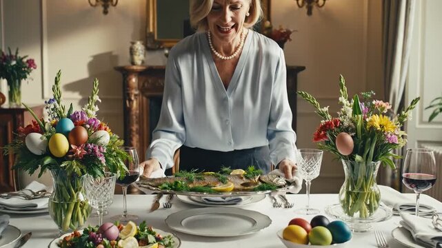 Elegant blonde woman serving a roasted whole fish at a beautifully decorated Easter dining table for family gathering concept and hospitality.