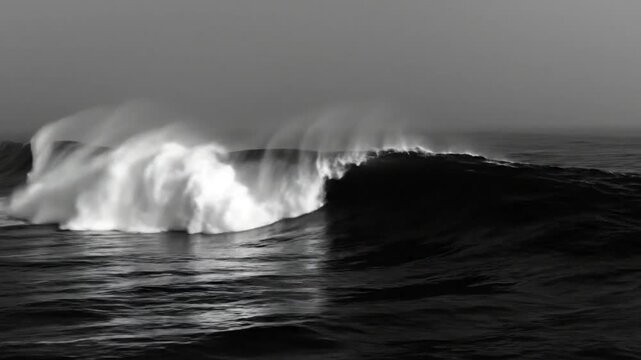 Black and white slow motion ocean wave breaking, dark seascape of crashing surf with misty spray and sea surface