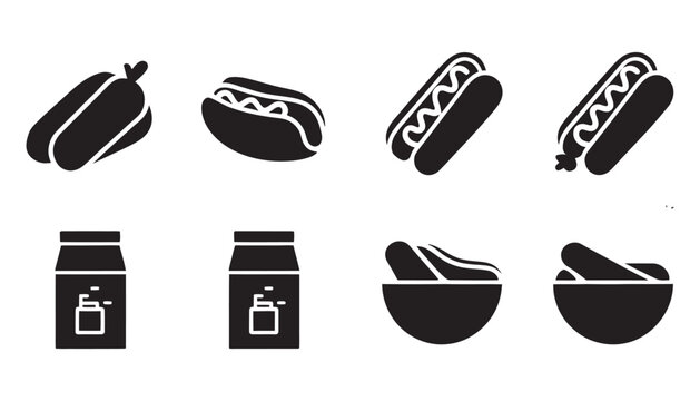 Hot dog and condiment icons set in black solid style for fast food.