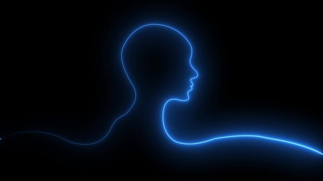 Glowing neon line Human head black background. Neon glowing question.Glowing neon line Head silhouette icon isolated on black background. human head line icon animation.
