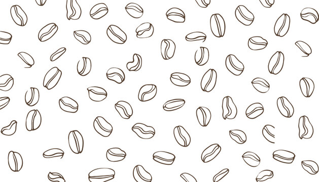 Scattered coffee beans outline pattern over white background for cafe branding design.