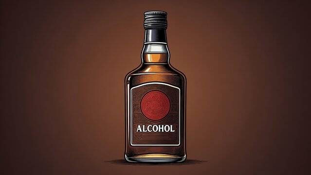 Stylized brown alcohol bottle with red label on gradient background
