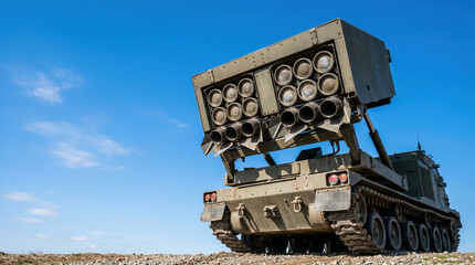 Fototapeta premium A military vehicle with a missile launcher stands on open ground. The vehicle faces upward, showing launch tubes against a blue sky. It is likely used for defense or military operations