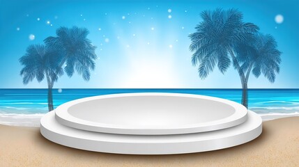 Fototapeta premium A serene beach scene with a white circular platform and palm trees