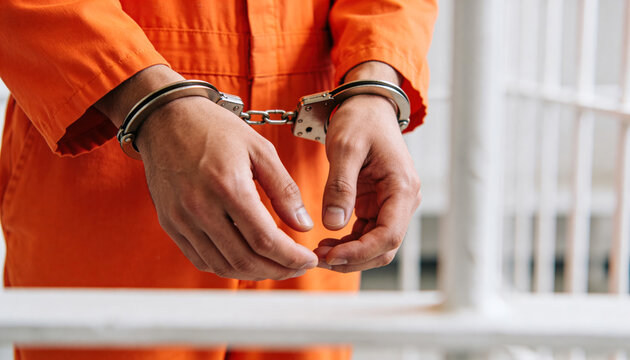 A person wearing an orange jumpsuit stands with their hands handcuffed in front of prison bars. The scene shows the reality of incarceration in a correctional facility