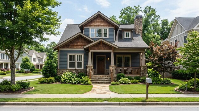 Beautiful Modern Blue Single-Family House with Green Lawn in a Suburban Neighborhood

