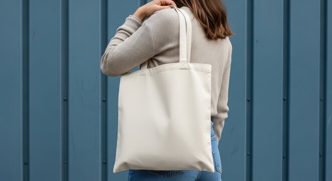 Woman standing with her back to the camera, wearing a beige long-sleeved shirt and blue jeans, holding a large white tote bag over her shoulder against a blue wooden fence.