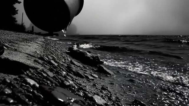 Black and white shot of a rocky shoreline with waves lapping on the beach during a misty, overcast day