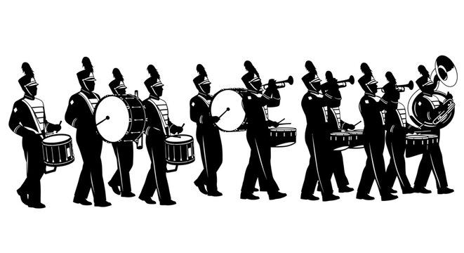 Marching band in uniform playing instruments.