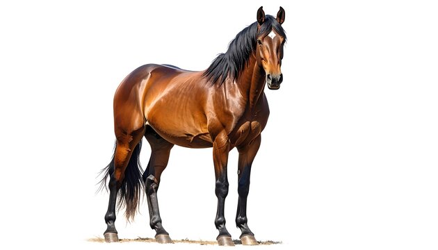 A majestic brown equine stands on a white background, captured with fine detail, showcasing a glossy coat and elegant pose