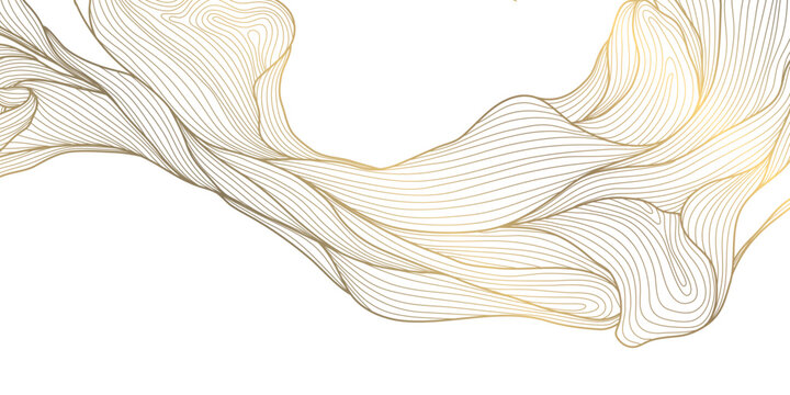Luxury abstract gold floral line pattern on white background, elegant leaves, flowers, flowing abstract waves. Modern vector illustration, Japanese ornament, Art Deco and Art Nouveau.