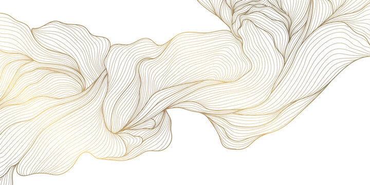 Luxury abstract gold floral line pattern on white background, elegant leaves, flowers, flowing abstract waves. Modern vector illustration, Japanese ornament, Art Deco and Art Nouveau.