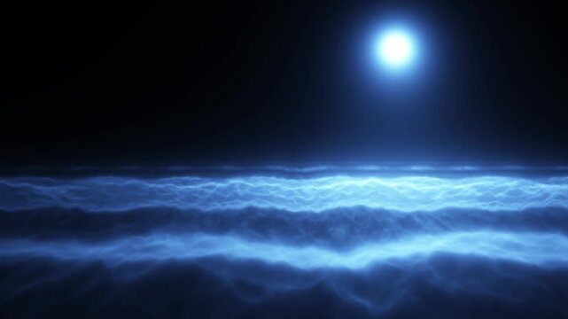 Abstract Glowing Blue Ocean Waves with Manta Ray Silhouette and Moonlight at Night
