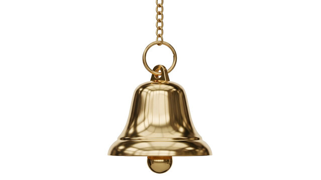 A shiny gold bell hanging from a chain on transparent background