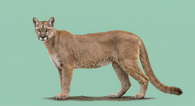 Cougar mountain lion standing isolated on green background, side view of puma wild cat