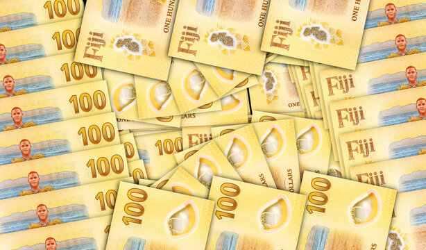 Fiji 100 dollar FJD banknotes in a fan mosaic pattern 3d illustration