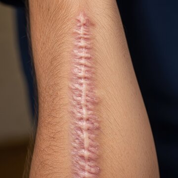 A close up view of a large surgical scar on a persons arm.