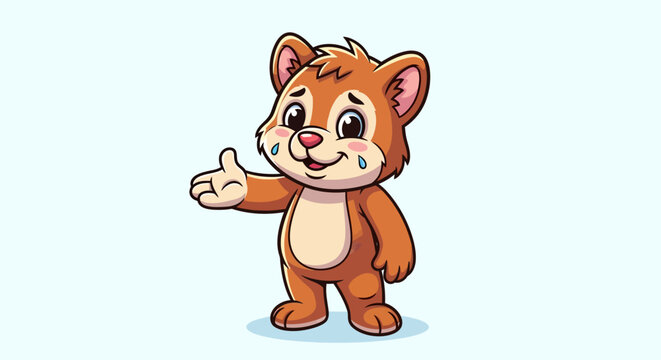 Cute cartoon brown bear cub character with a friendly expression and outstretched hand on a light blue background.