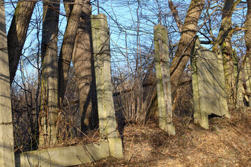 Fototapeta premium ​An abandoned concrete fence gradually collapses among dense trees in a sunny forest. Leaning pillars and broken slabs create an atmosphere of desolation where wild nature confidently reclaims the rem
