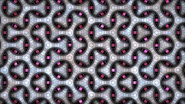 Abstract Geometric Pattern with Rotating Circles and Triangles in Pink and White