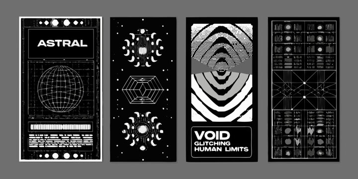 Four abstract black and white panels featuring geometric and glitching designs