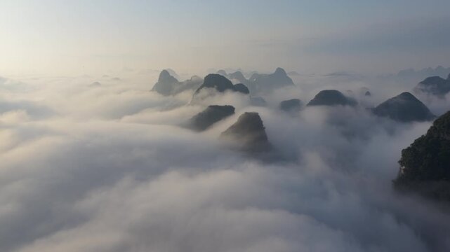 Yangshuo Karst Mountains Low Clouds Sunrise Aerial Rising Guilin China