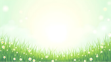 Fototapeta premium Bright Green Grass with Daisies Under Sunlit Sky for Spring Nature Background