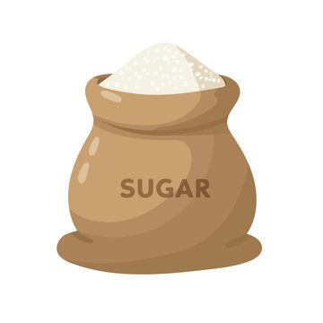Brown sack of sugar with white granules, flat vector illustration, organic sweet product packaging, food ingredient icon isolated on white background