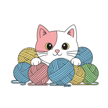 Cute cat playing with colorful yarn balls 1.