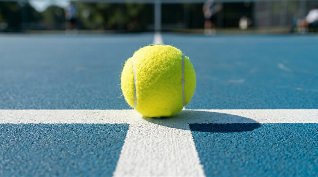 Low-angle photograph of a yellow tennis balls neatly arranged along a single crisp white court line on a blue tennis court