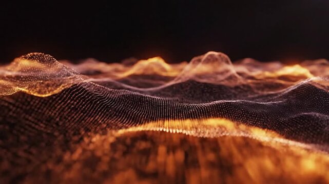 Vibrant orange waves of light undulate across a dark abstract digital landscape.