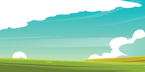 Fototapeta premium Cartoon Style Abstract Landscape with Green Fields, Blue Sky and White Fluffy Clouds, Flat Design