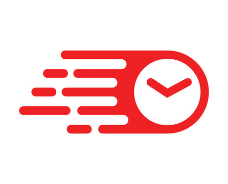 Fast time delivery clock icon featuring red horizontal motion lines on clean white background layout