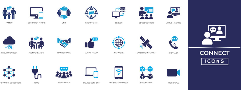 Connect icon collection. Containing wireless, community, server, conversation, education, blockchain, community and more. Perfect vector icon collection.