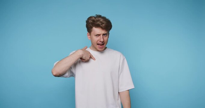 Man uses hand signs to communicate meanings in four frames against a blue background