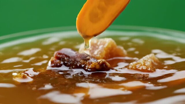 Traditional Jamu Kunyit Asam Turmeric Tamarind Palm Sugar Drink Ingredients Falling Into Liquid With Splashes On Green Background