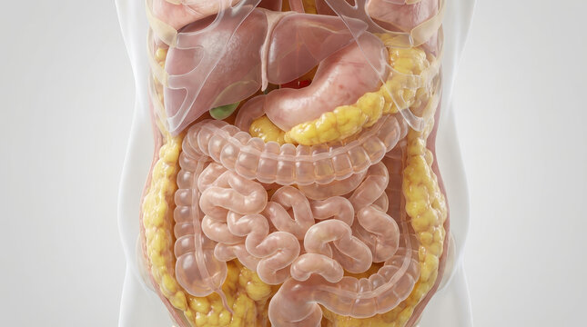Visceral fat abdominal cavity internal organ digestive system liver intestine colon stomach human body fat accumulation around organs shown medical illustration for obesity anatomy health
