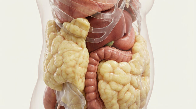 Visceral fat abdominal fat organ intestine liver anatomy medical obesity digestion health internal anatomy with fat accumulation around organs showing intestine and liver detail for obesity