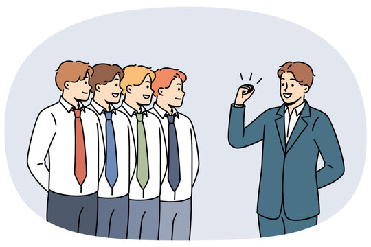 Business man leader gives motivational speech to team of office clerks standing in row. Manager with leadership qualities conducts motivational training for colleagues to increase productivity